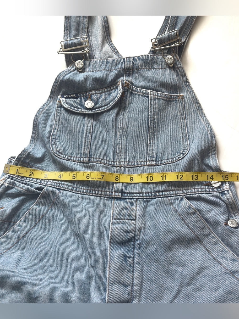 Vintage 90s Guess Denim Bib Overall Large Blue Slouchy Straight Leg Buckle Strap - Picture 14 of 16